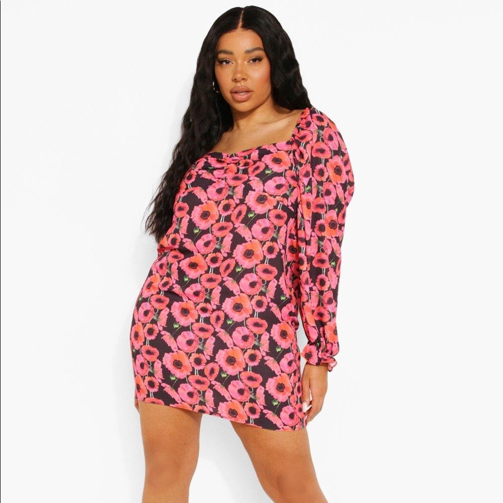 NWT Pink Boohoo Plus Puff Sleeve Floral Dress